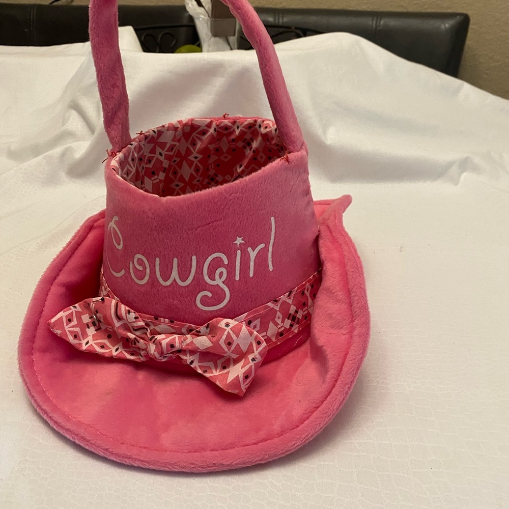Cowgirl Pink Plush Hat Basket - Halloween trick or treat, Flower Girl, Planter